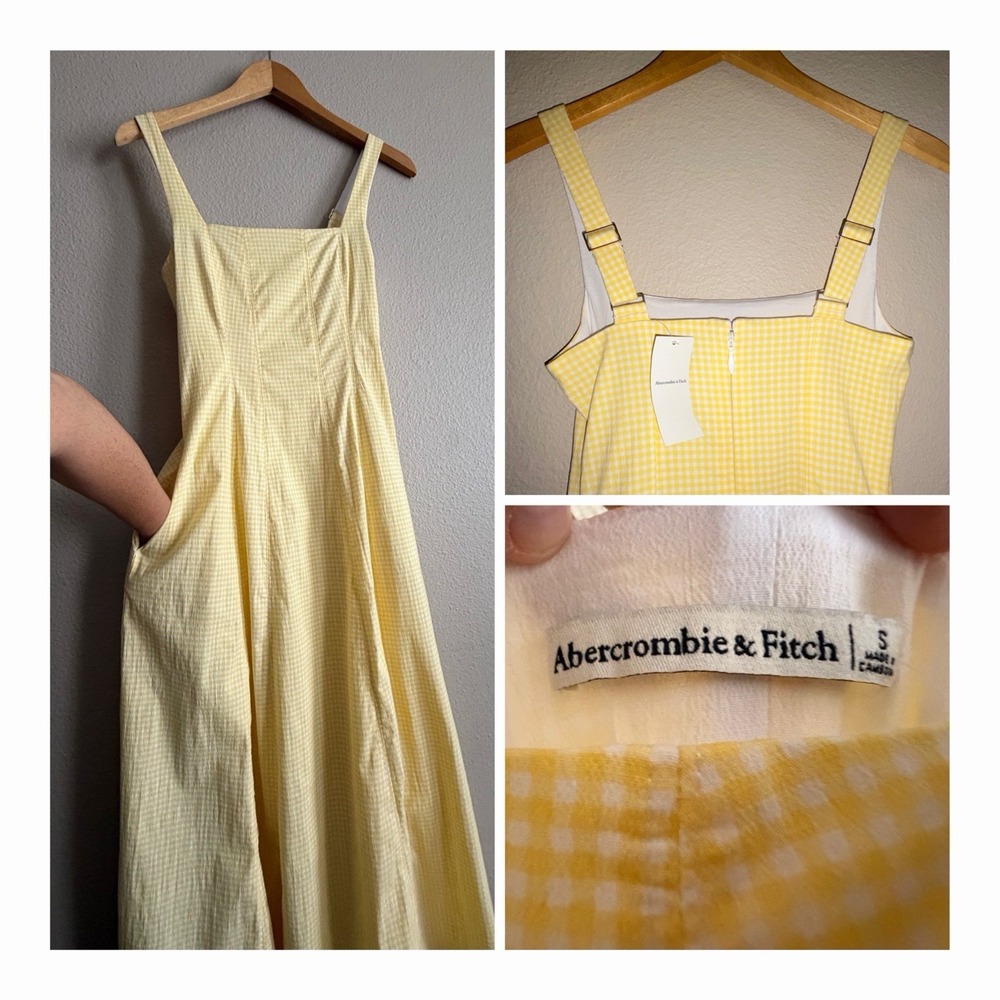 NWT Abercrombie Yellow Gingham Midi Dress Pockets CottonPoplin Summer Sundres S